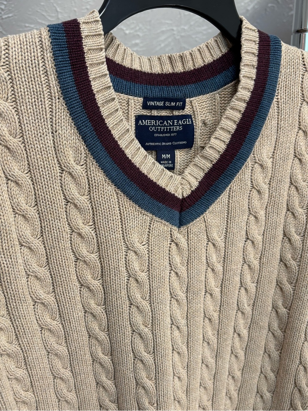 American Eagle "Vintage Slim Fit" cricket style, tennis prep v neck sweater, MED - Picture 3 of 7